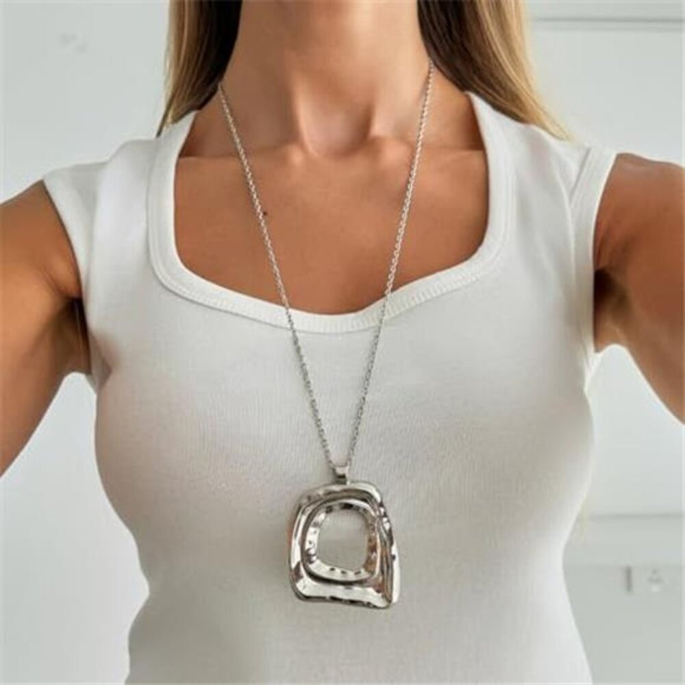 Chunky Silver Tone Necklace Boho Geometric Hollow Square Pendant Rope Chain